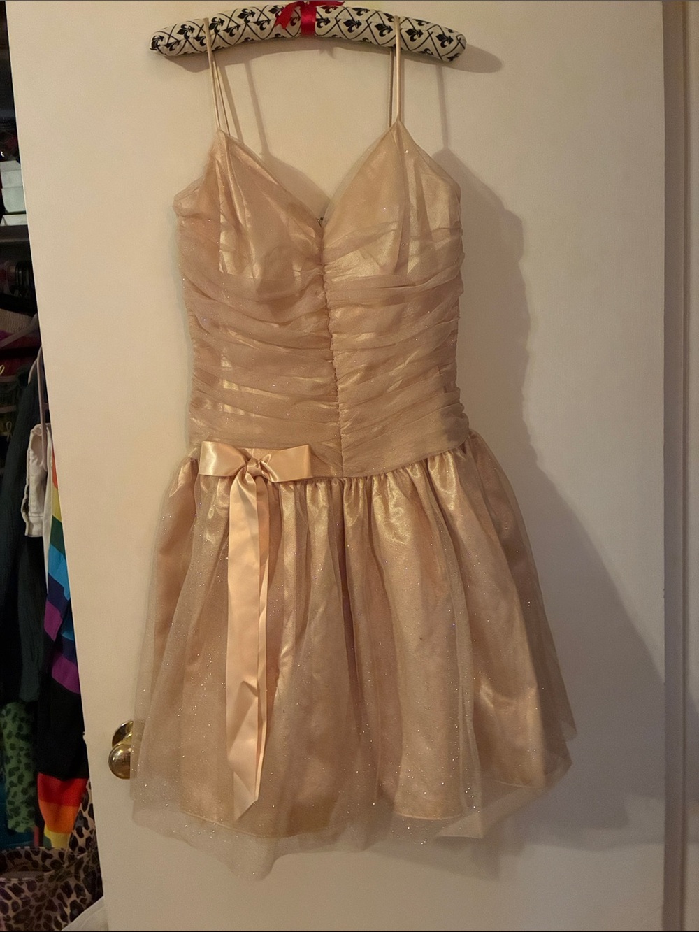 Sparkle Champagne Party Dress with Satin Bow